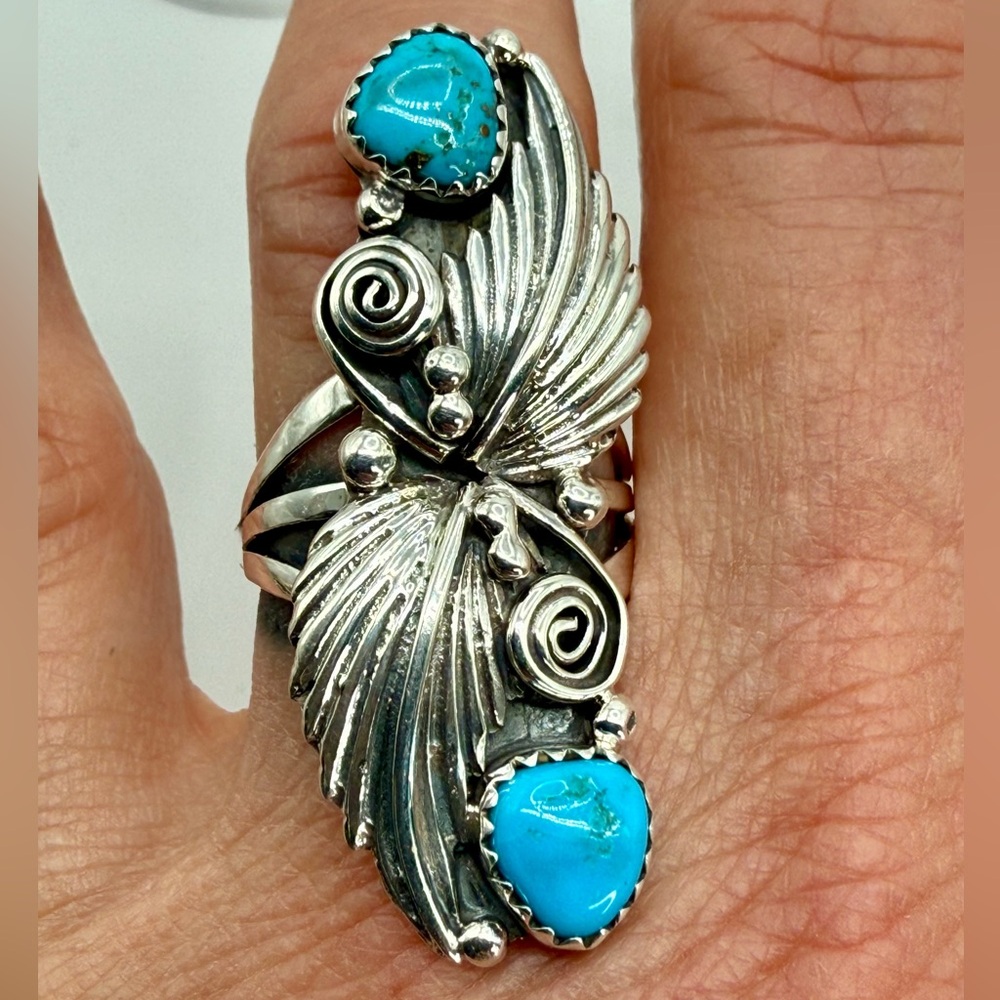 Vintage Native American Navajo Harris Largo Sterling Silver Ring with Turquoise - Picture 13 of 16